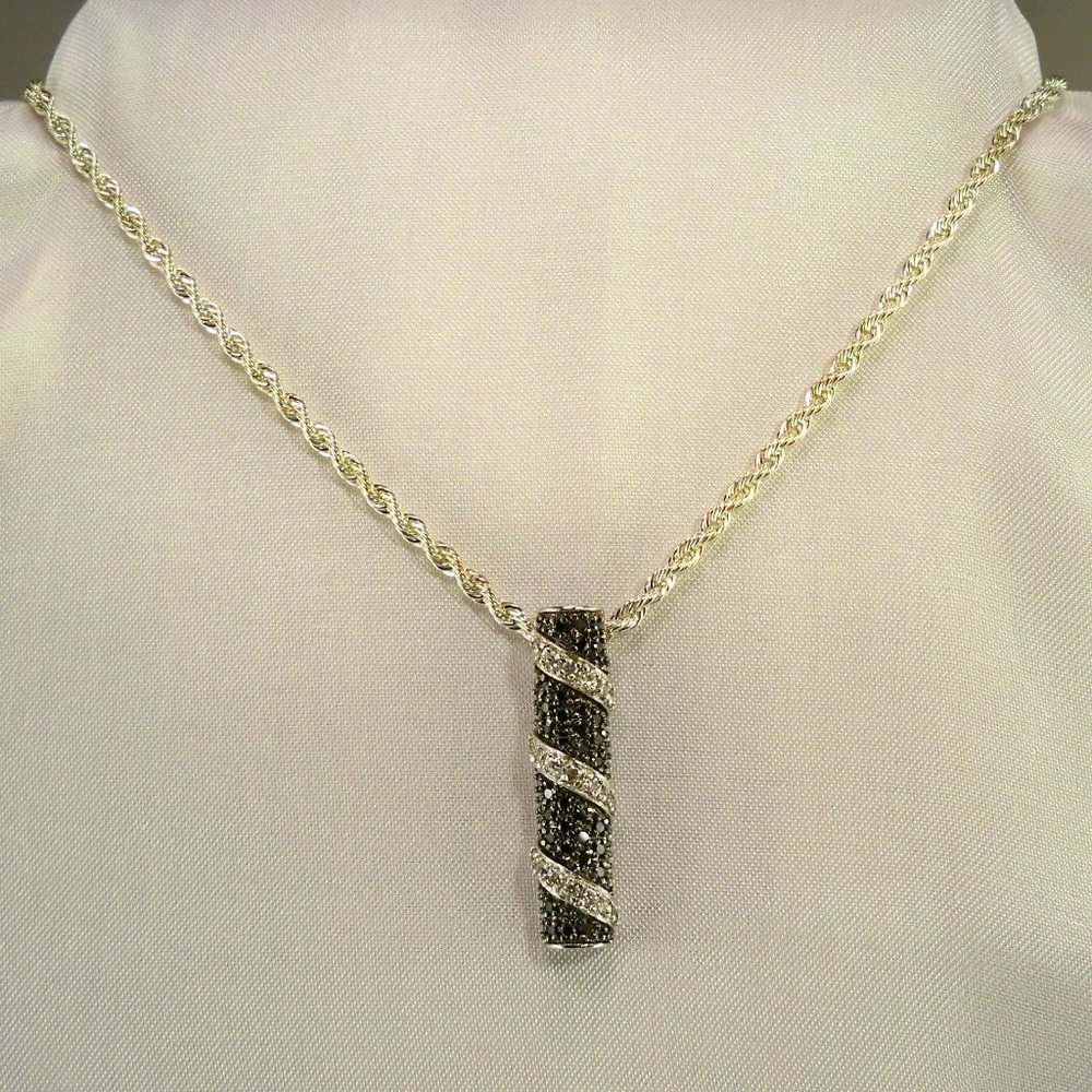 New Black Cubic Zirconias Silver Pendant, Rope Necklace